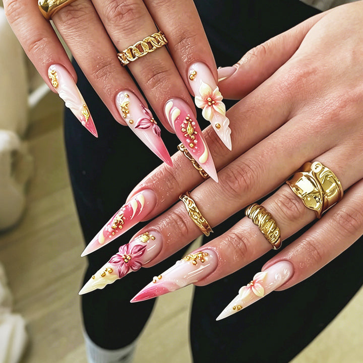 Decorative Stiletto Press-On Nail Art Set with Floral Accents Stornfield