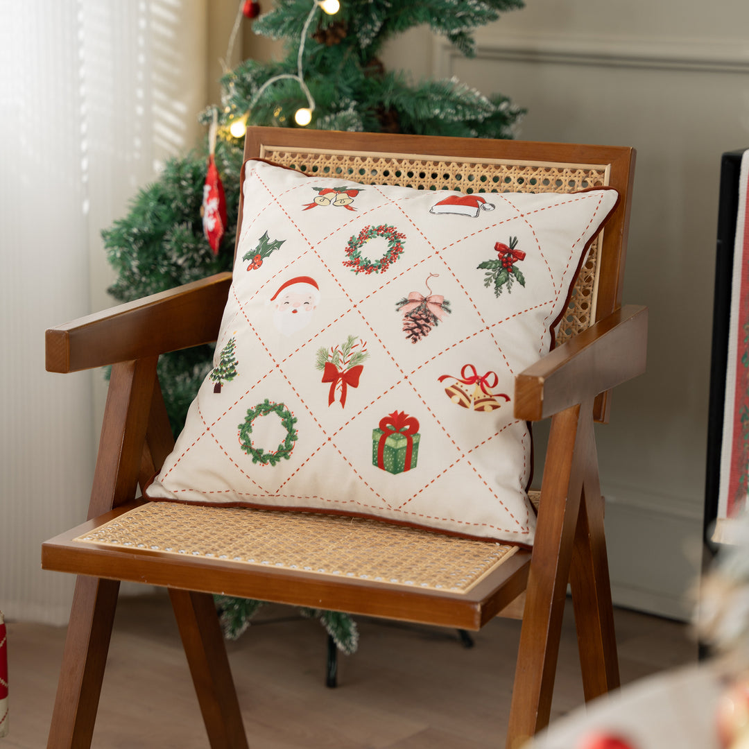 Rectangular cotton decorative pillow with embroidered Christmas motifs and piping