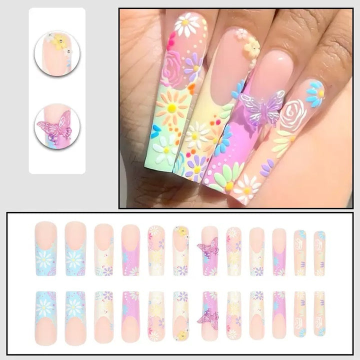 Artificial nails with floral patterns and 3D decorations Stornfield