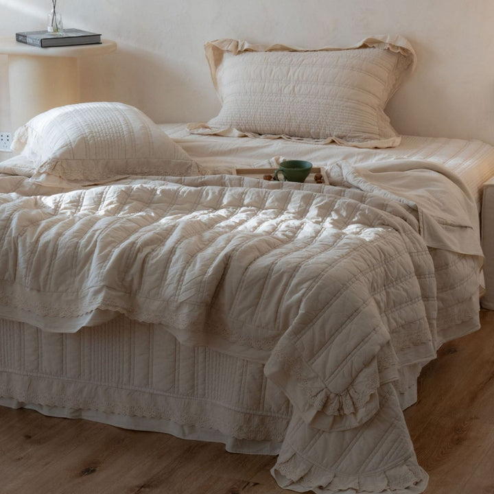 Quilted Washed Cotton Oversized Coverlet with Scalloped Ruffle and Matching Pillow Shams