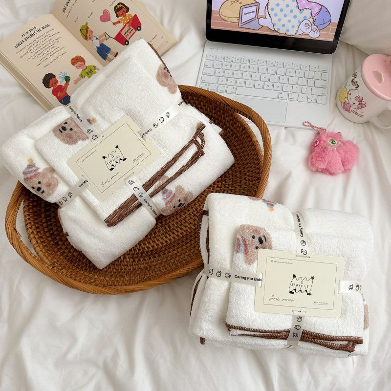 Plush Cotton Bath Towel Set with Cute Cloud Embroidery
