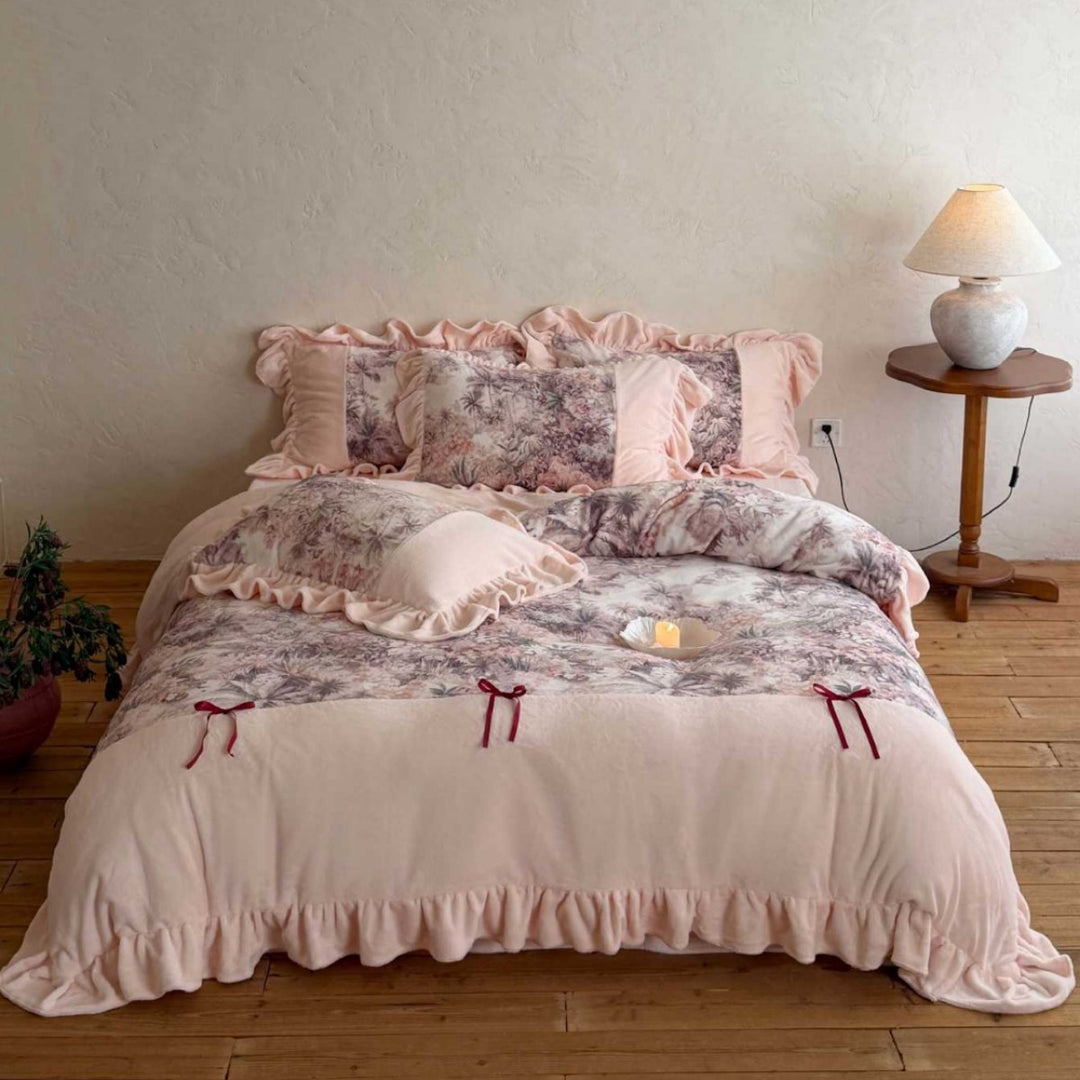 Ruffled Reversible Linen-Blend Duvet Cover Set with Botanical Print Panels & Tie Closures