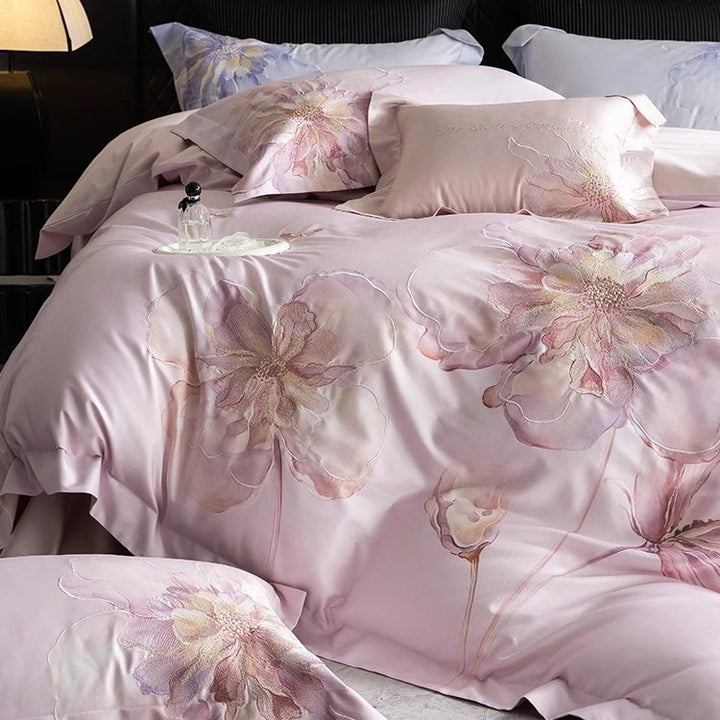 Silky Sateen Hydrangea-Print Duvet Cover Set with Reversible Back and Decorative Shams