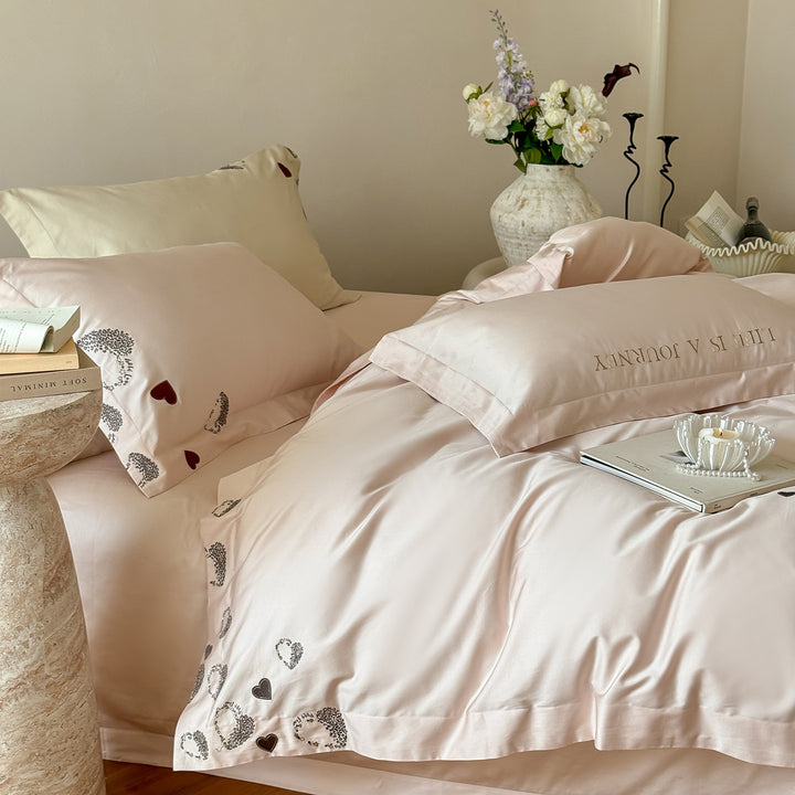 Cotton-Sateen Duvet Cover Bedding Set with Embroidered Happy Life Script and Scattered Heart Motif