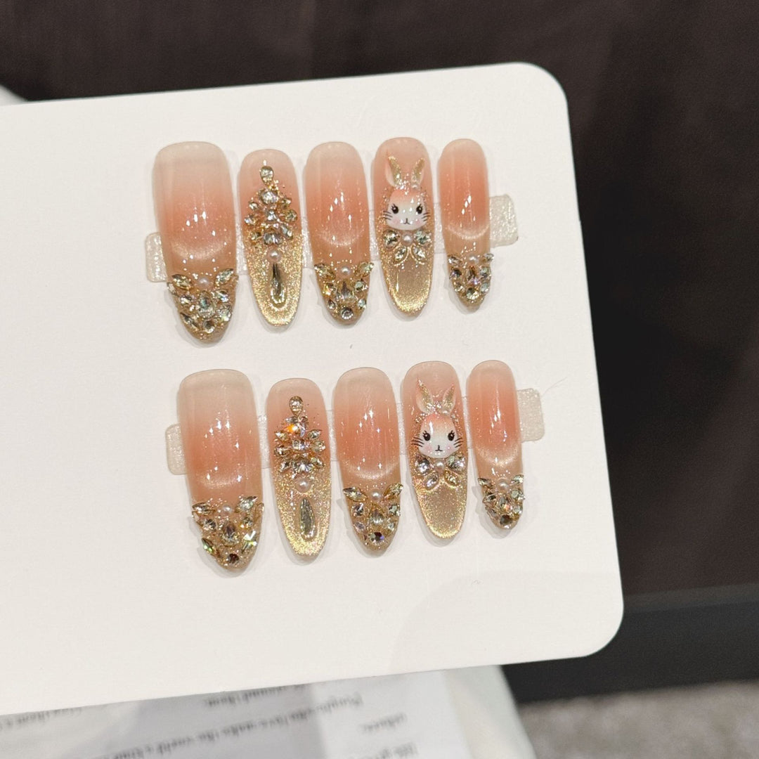 Decorative Press-On Nail Art Set with Bunny and Gem Accents