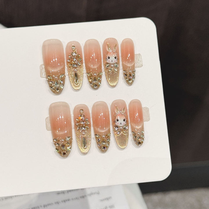 Decorative Press-On Nail Art Set with Bunny and Gem Accents