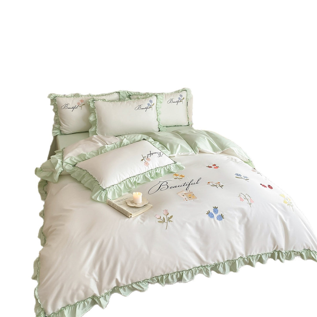 Ruffled Embroidered Cotton Sateen Duvet Cover Set with Floral Motifs