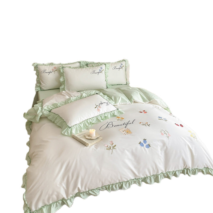 Ruffled Embroidered Cotton Sateen Duvet Cover Set with Floral Motifs