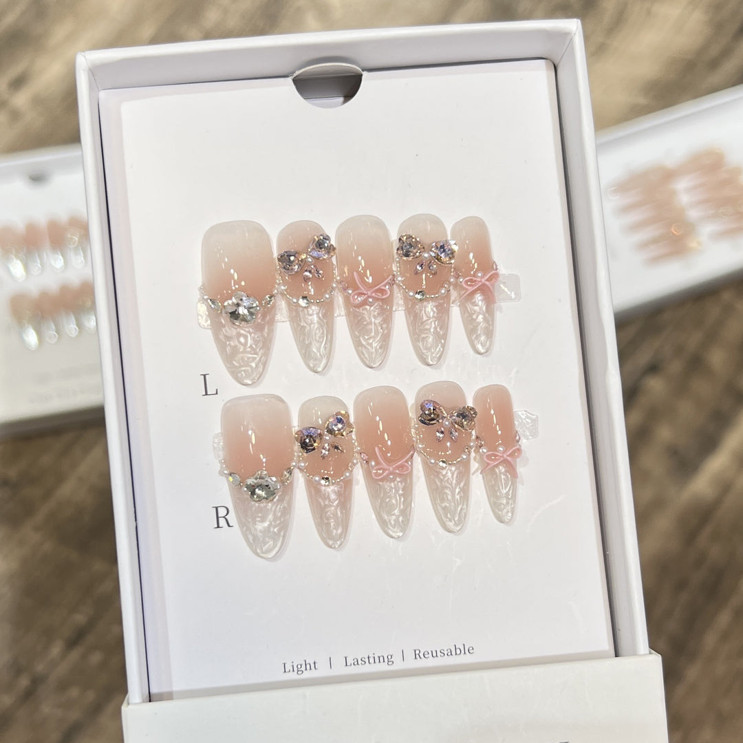 Decorative Stiletto Press-On Nail Set with Bow and Gem Accents Stornfield