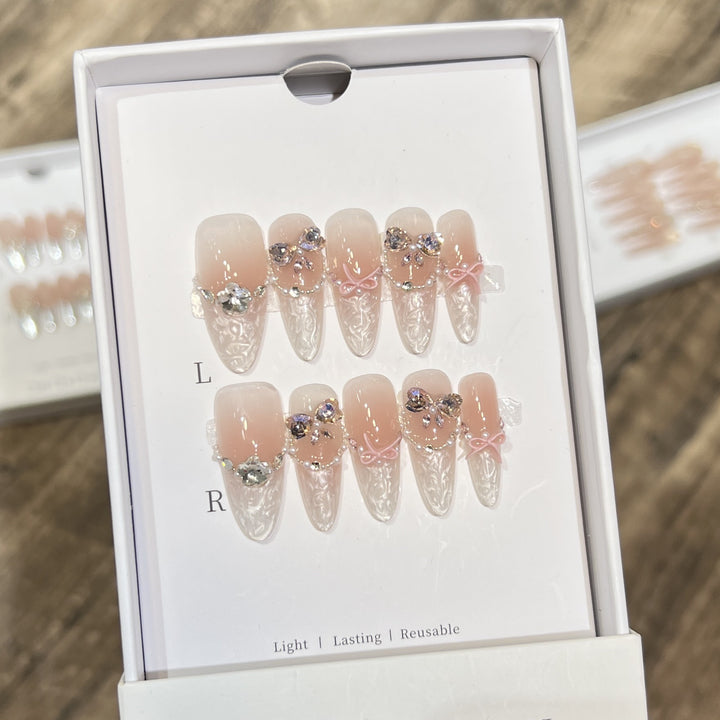 Decorative Stiletto Press-On Nail Set with Bow and Gem Accents Stornfield