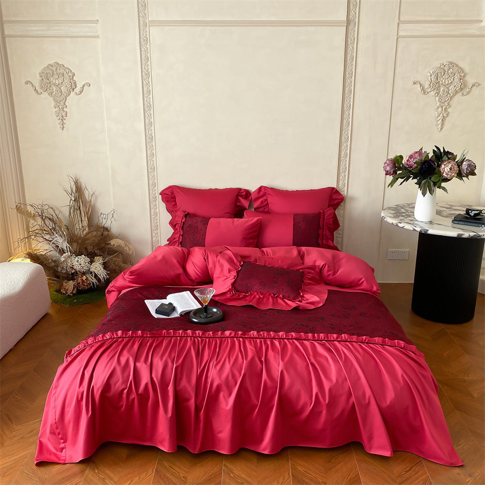 Luxurious satin bedding set with ruffles and lace appliqué