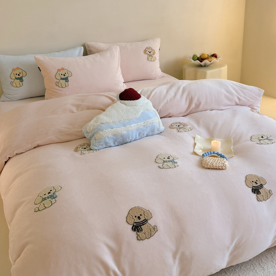 Embroidered Puppy Motif Cotton-Sateen Duvet Cover Set