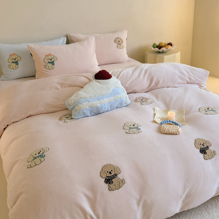 Embroidered Puppy Motif Cotton-Sateen Duvet Cover Set