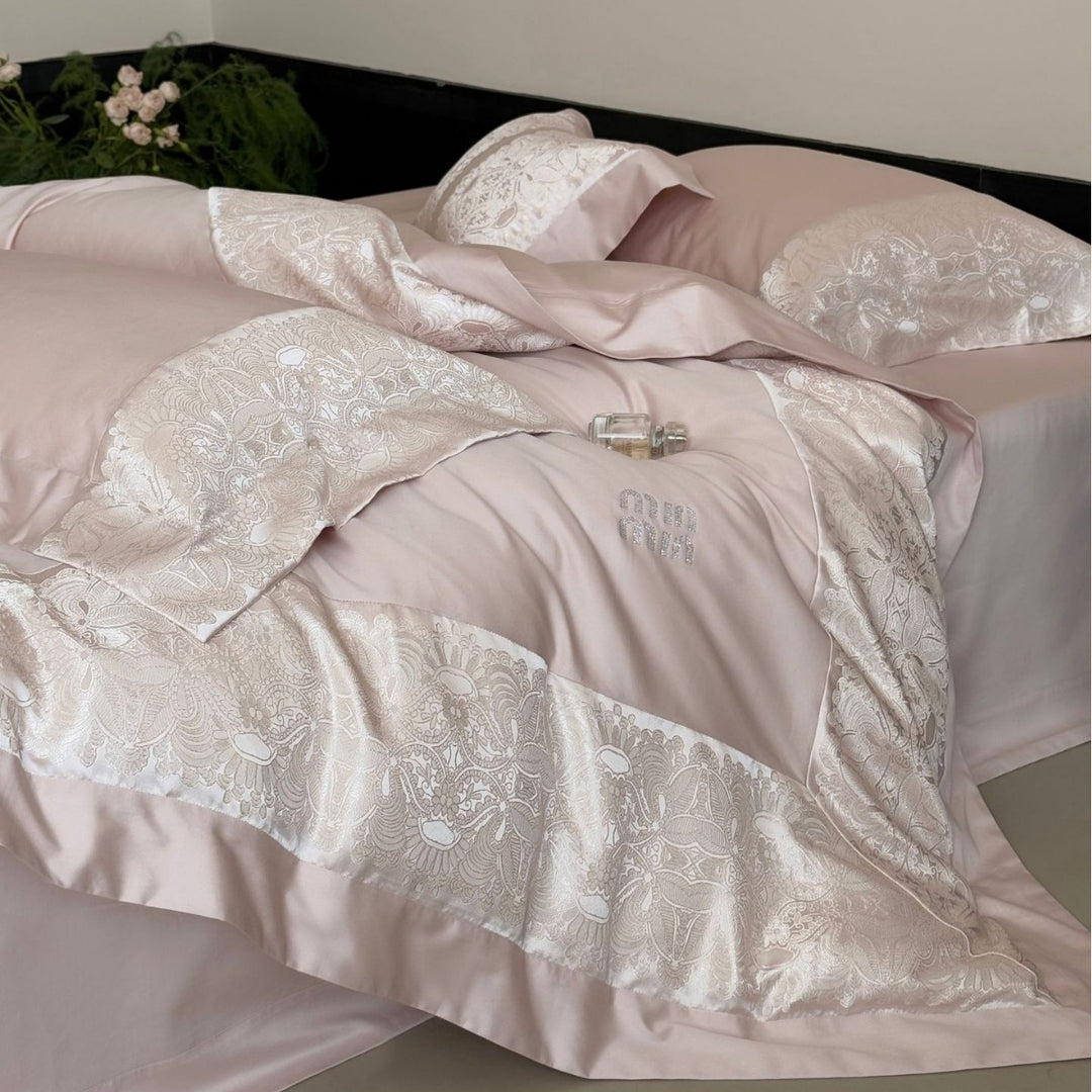 Satin Jacquard Damask Duvet Cover Set with Wide Decorative Border