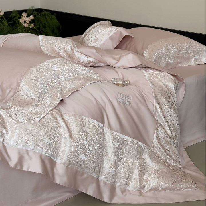 Satin Jacquard Damask Duvet Cover Set with Wide Decorative Border