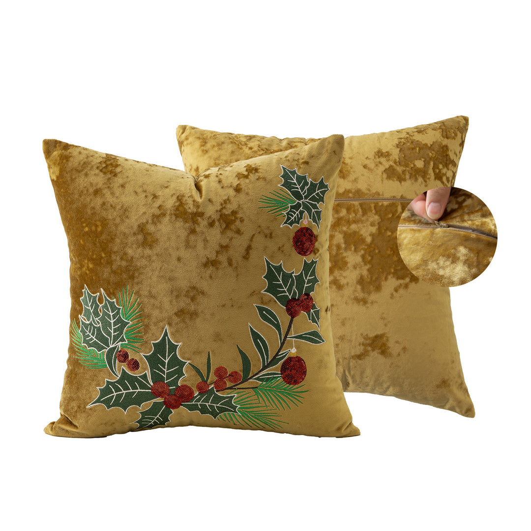 Rectangular velvet cushion cover with embroidered Christmas ornaments Stornfield
