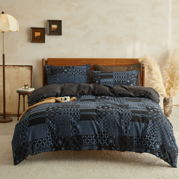 Reversible Patchwork Cotton Duvet Cover Set with Oxford Shams and Corner Ties