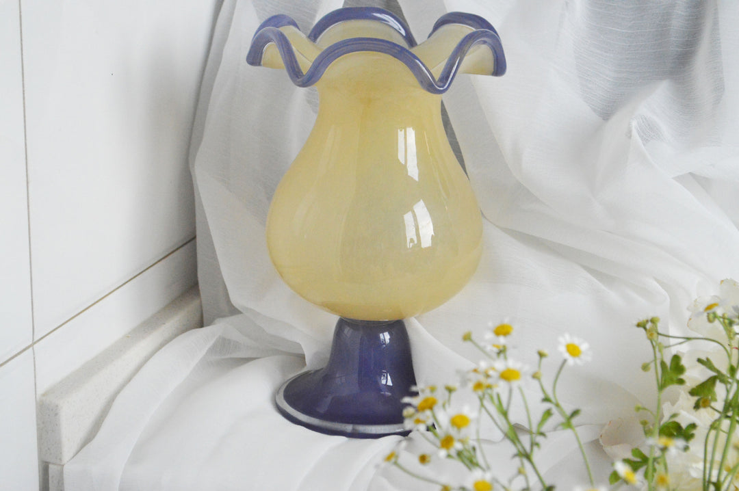 Handblown Fluted Pedestal Art Glass Trumpet Vase Stornfield