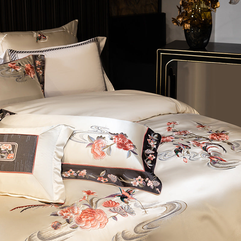Luxurious Embroidered Satin Duvet Cover Set with Floral Border and Decorative Pillowcases
