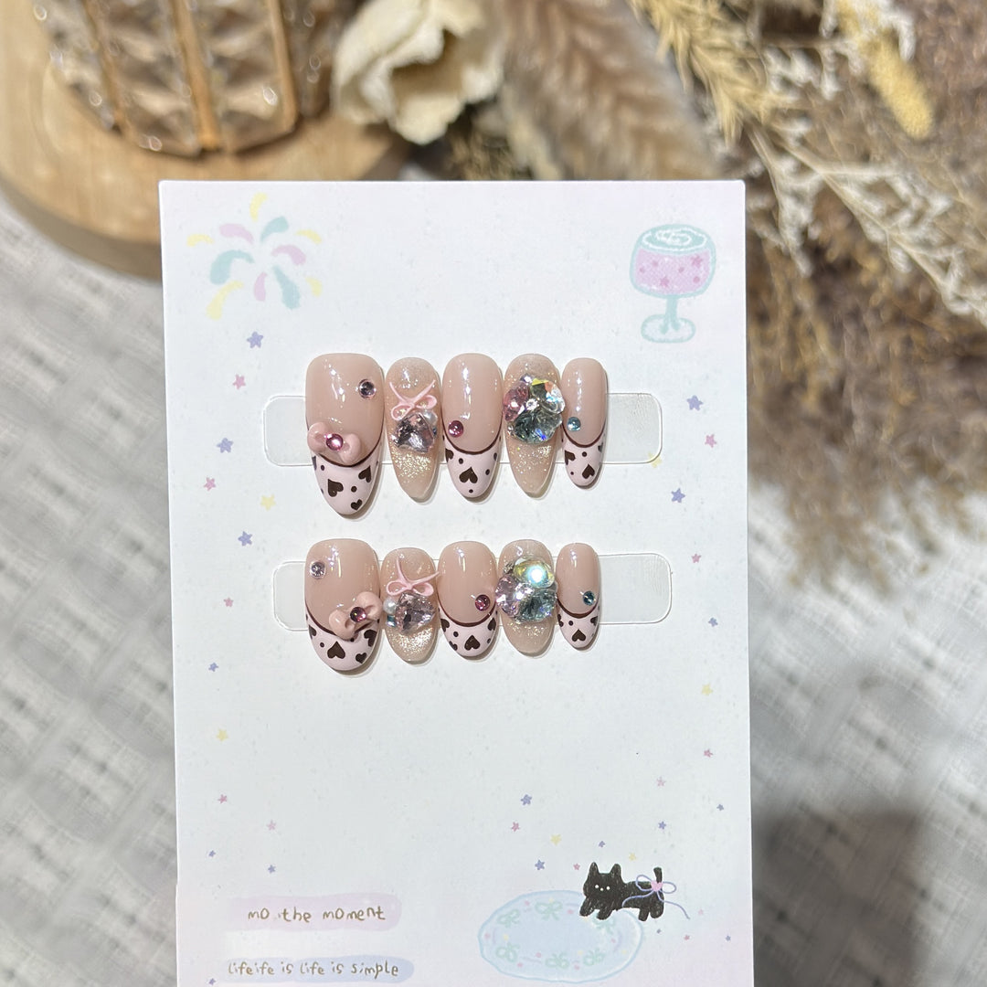 Decorative Press-On Nail Art Set with Heart and Gem Accents Stornfield