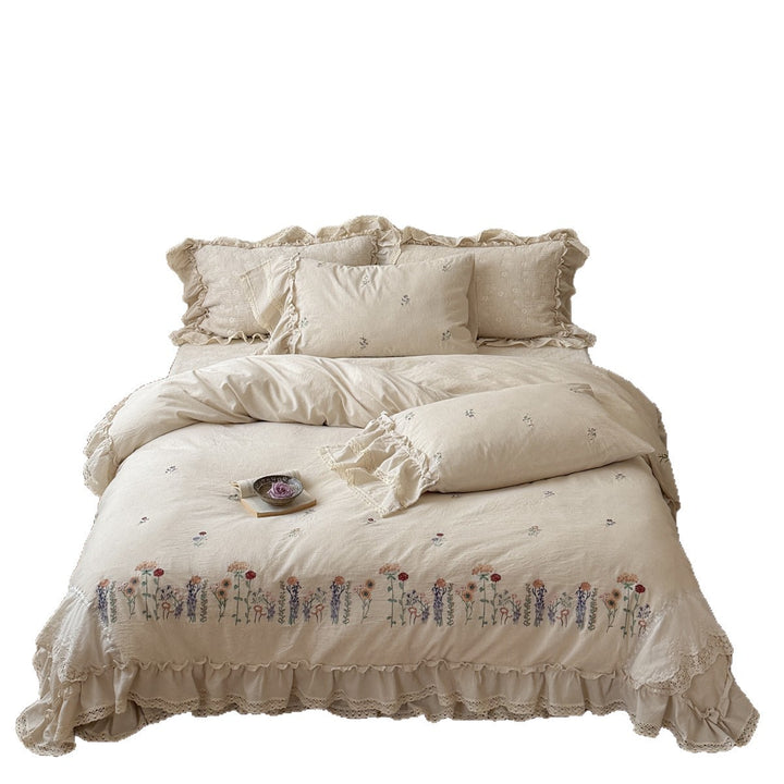 Ruffled Embroidered Linen Duvet Cover Set with Floral Border and Lace Trim