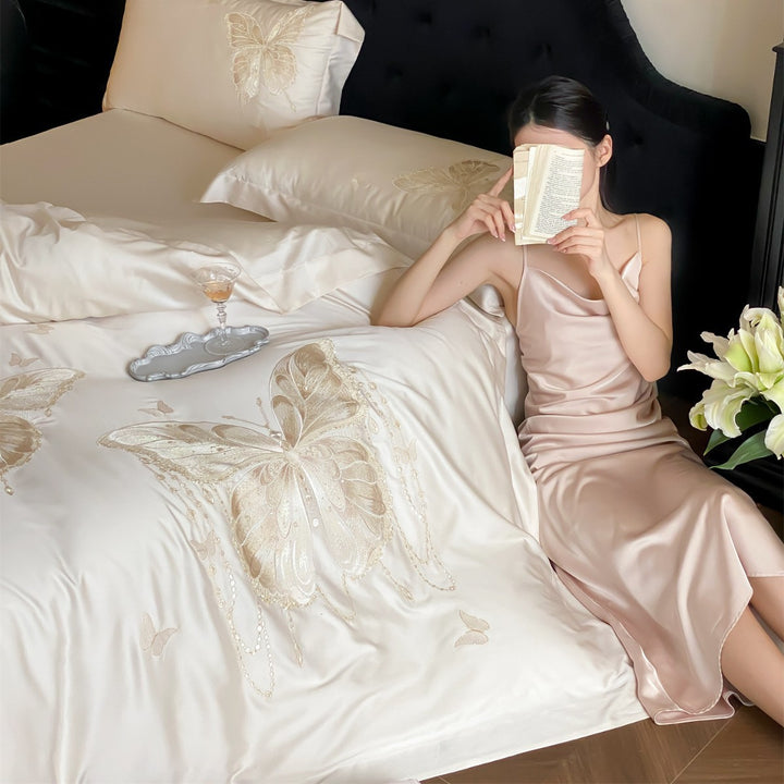 Luxury Satin Embroidered Butterfly Duvet Cover Set