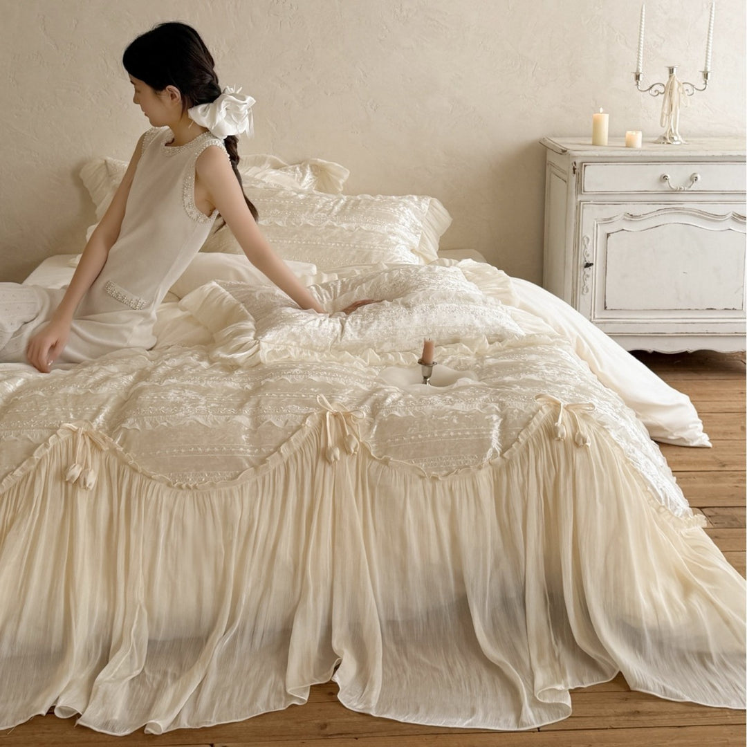 Romantic Ruffled Voile Layered Duvet Cover Set with Lace Embroidery