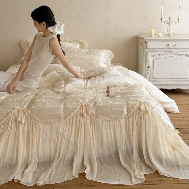 Romantic Ruffled Voile Layered Duvet Cover Set with Lace Embroidery