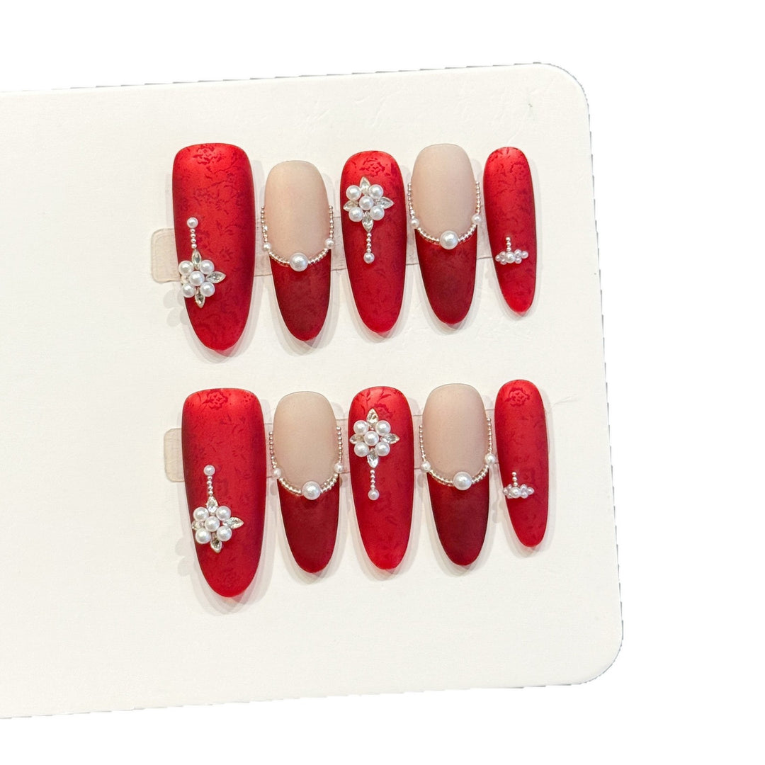 Luxurious Decorative Press-On Nail Set with Gem Accents
