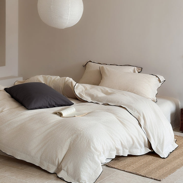 Washed Linen Cotton Duvet Cover Set with Flanged Pillowcases and Contrast Piping