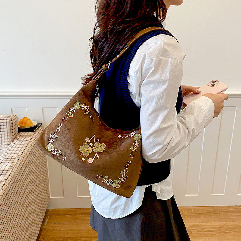 Embroidered Suede Hobo Handbag