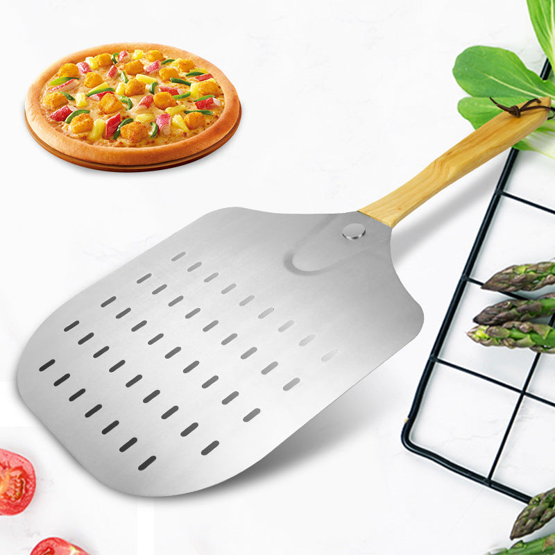 perforated stainless steel pizza peel with ergonomic wooden handle Stornfield