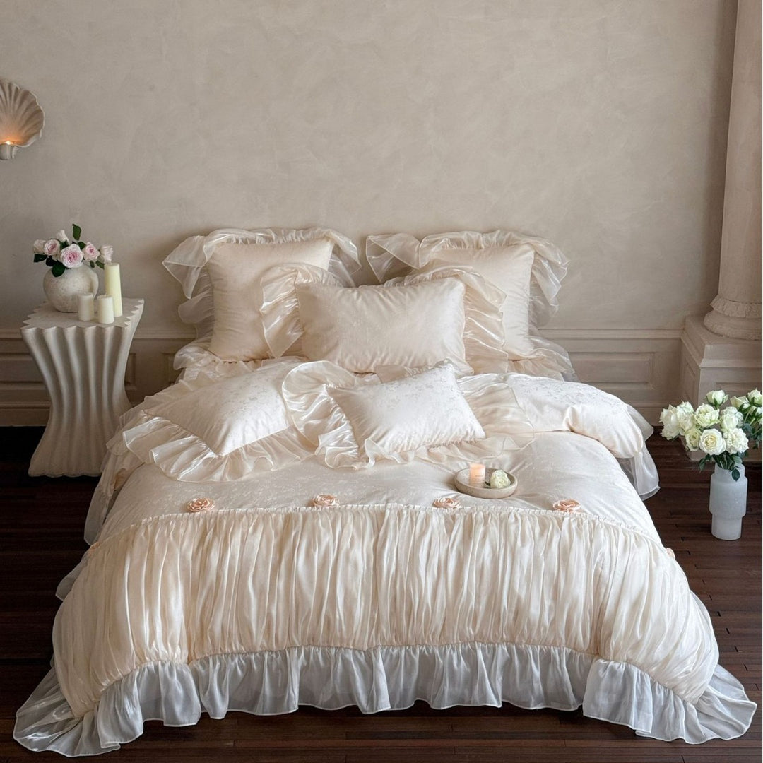 Luxurious satin bedding set with ruffles and rose appliqués