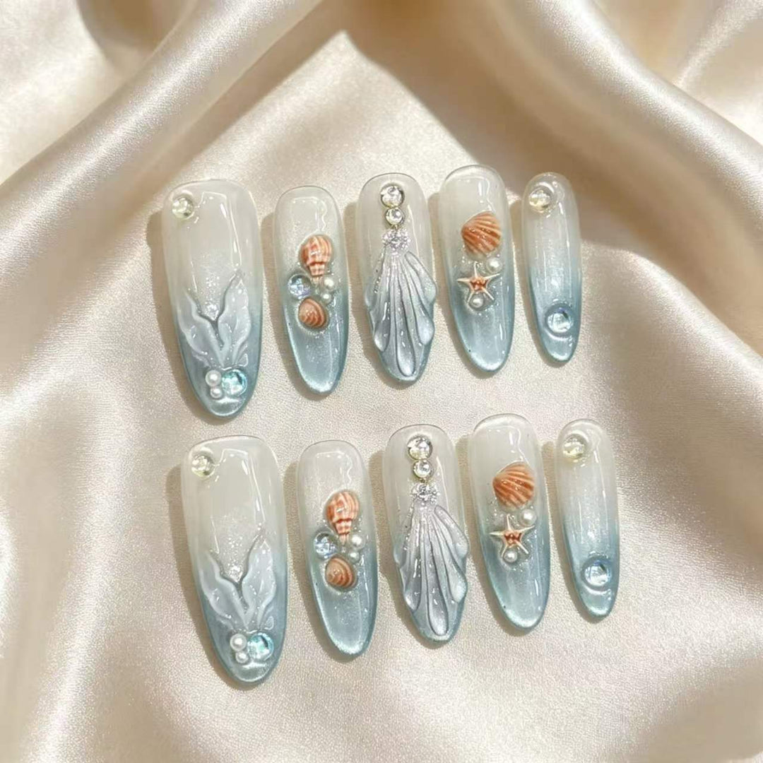 Decorative Sea-Inspired Press-On Nail Art