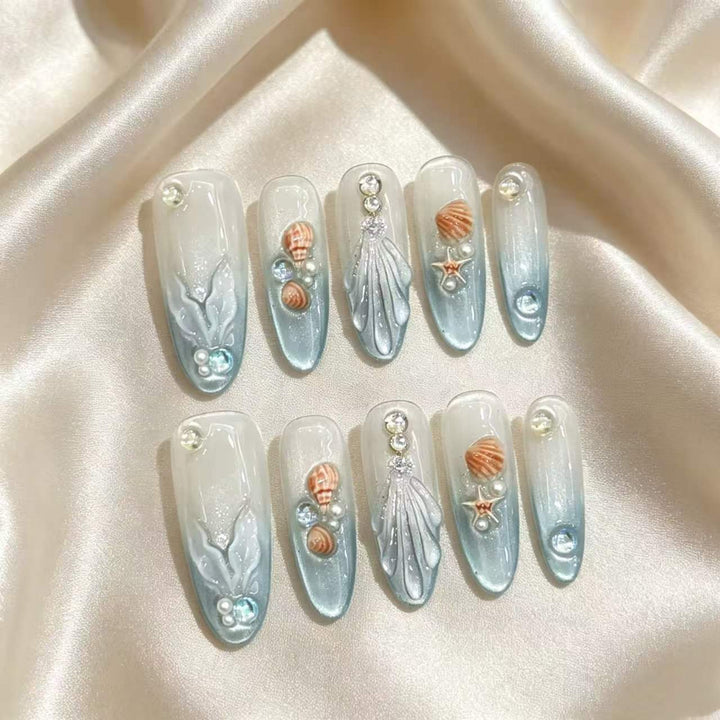 Decorative Sea-Inspired Press-On Nail Art