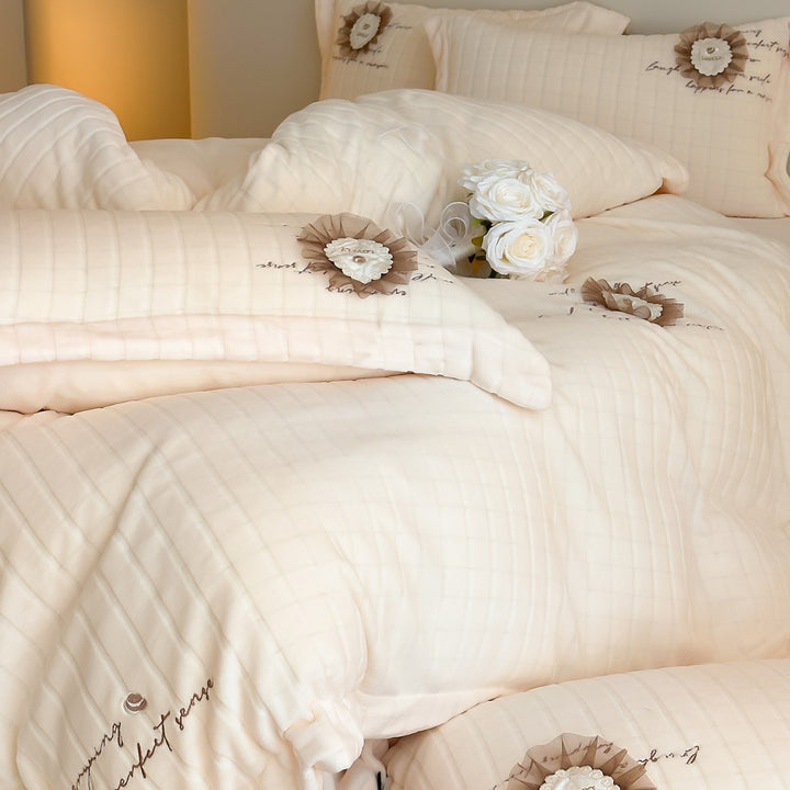 Quilted Sateen Duvet Cover Bedding Set with Appliqué Rosette & Embroidered Script