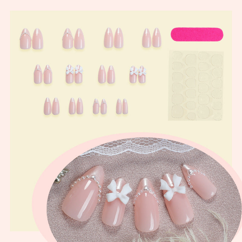 Decorative Press-On Nail Art Set with Elegant Bow and Pearl Accents Stornfield