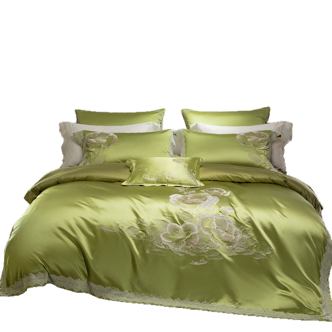 Satin Embroidered Floral Duvet Cover Set with Lace-Edged Pillow Shams