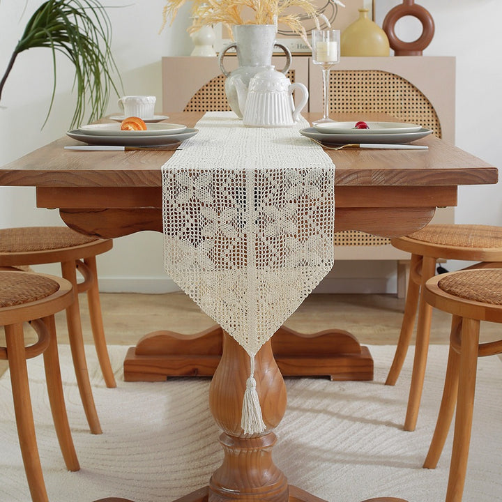 Handwoven Cotton Crochet Table Runner with Diamond Lace Pattern and Tassel Point