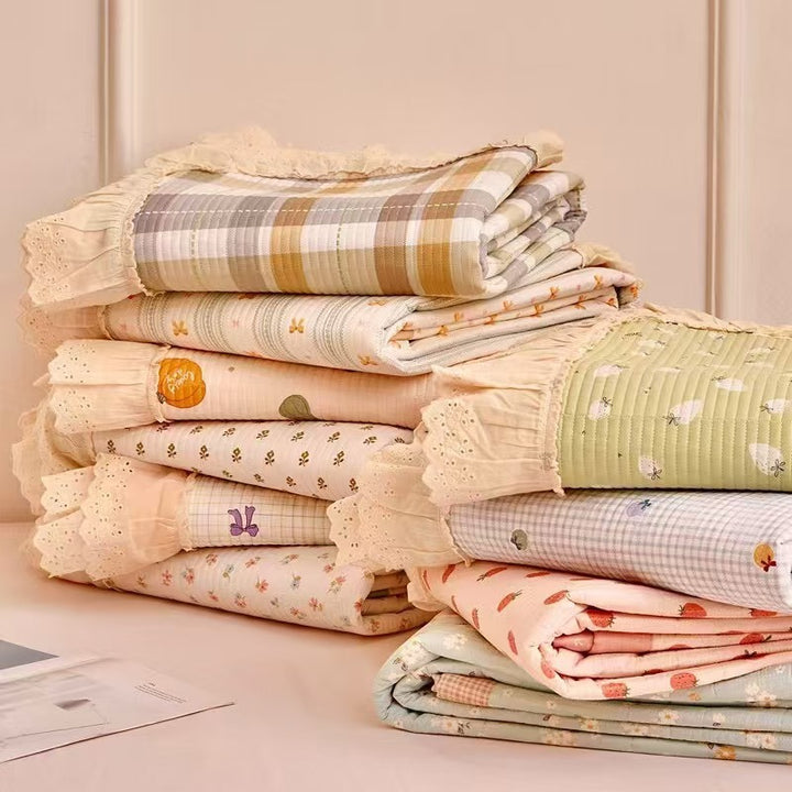 Quilted Floral Reversible Throw Blanket with Eyelet Lace Ruffle