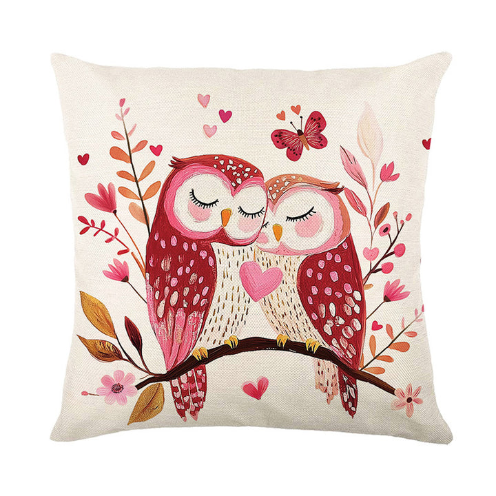 Decorative Floral Heart Pattern Throw Pillow Cover with Butterfly Motif Linen-Texture