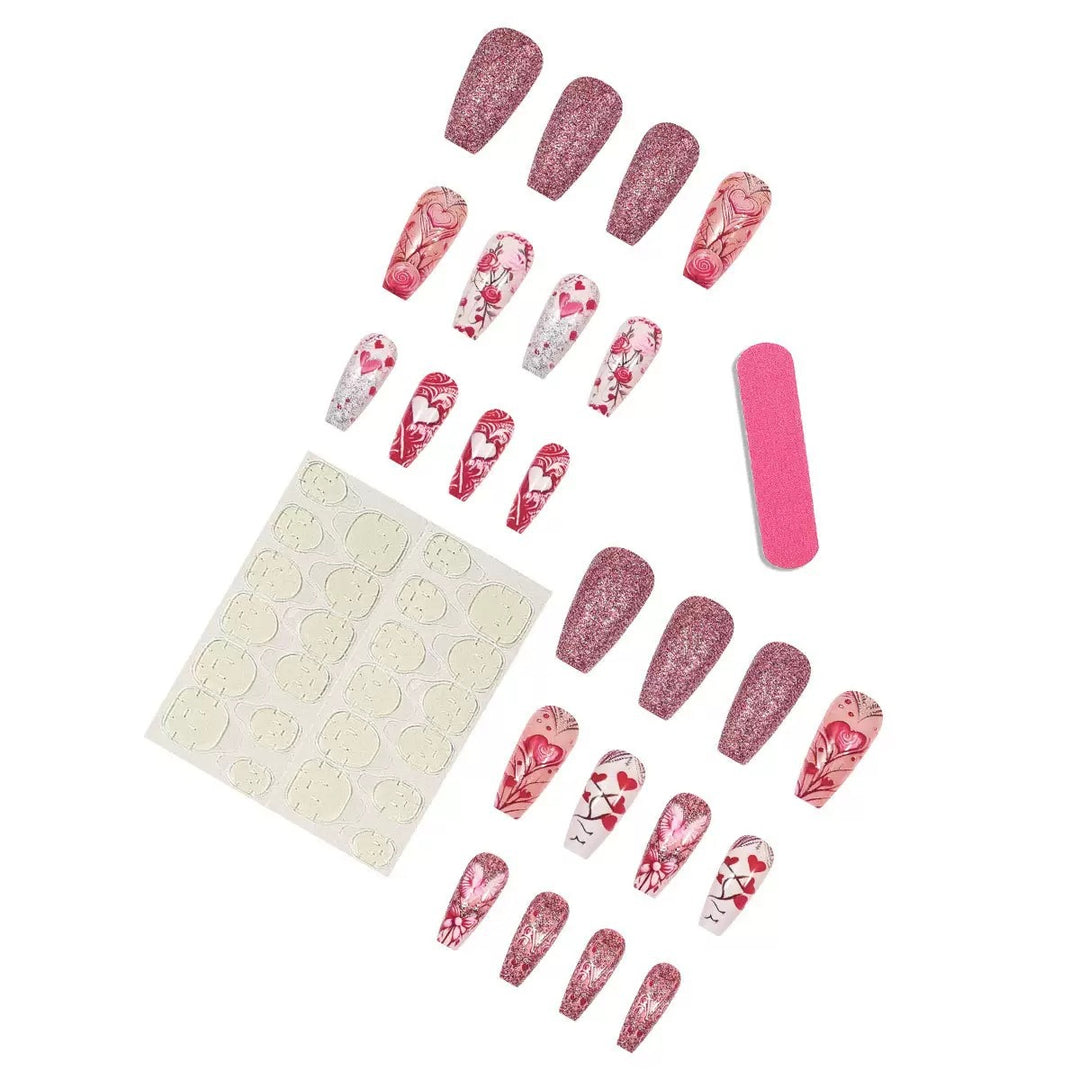 Artificial nail set with romantic heart and flower motifs Stornfield