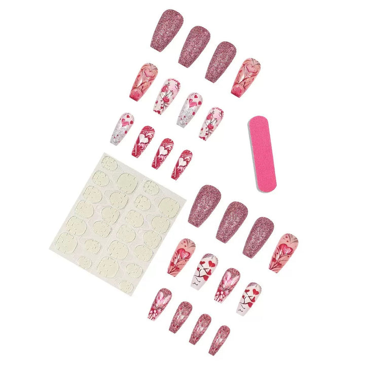 Artificial nail set with romantic heart and flower motifs Stornfield