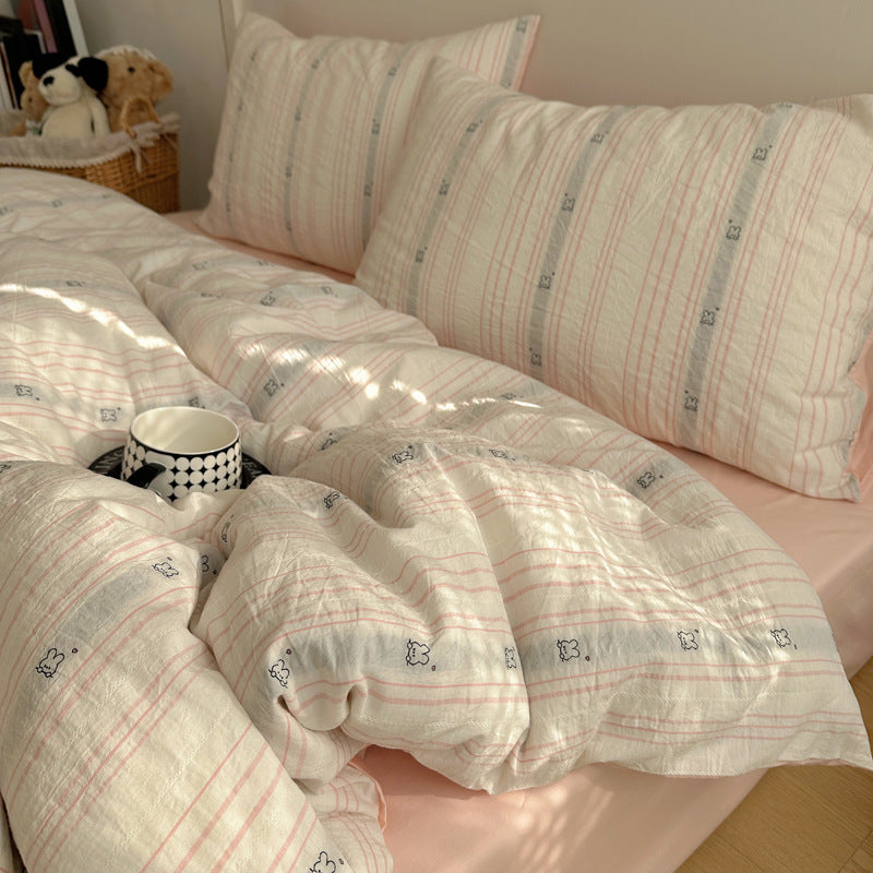 Cotton Washed Stripe Duvet Cover Set with Mini Bear Motif Pillow Shams