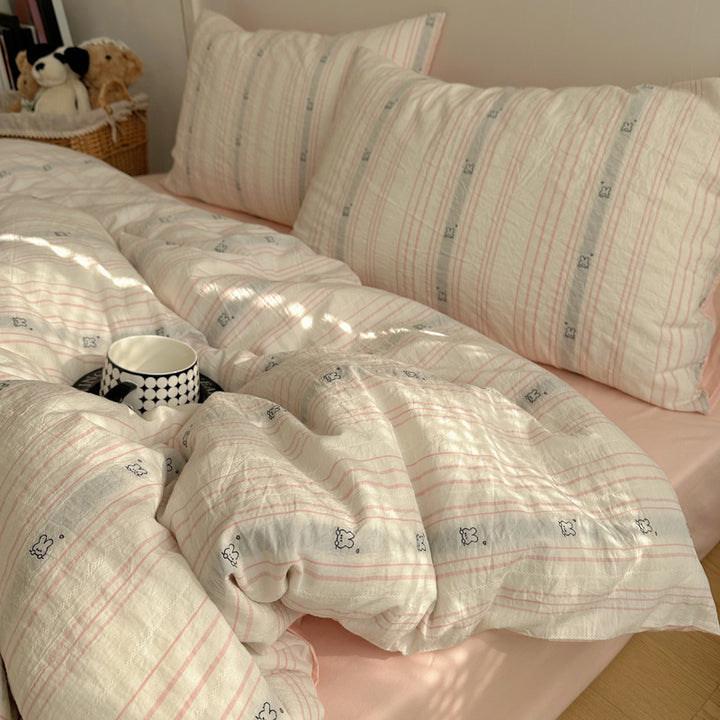 Cotton Washed Stripe Duvet Cover Set with Mini Bear Motif Pillow Shams