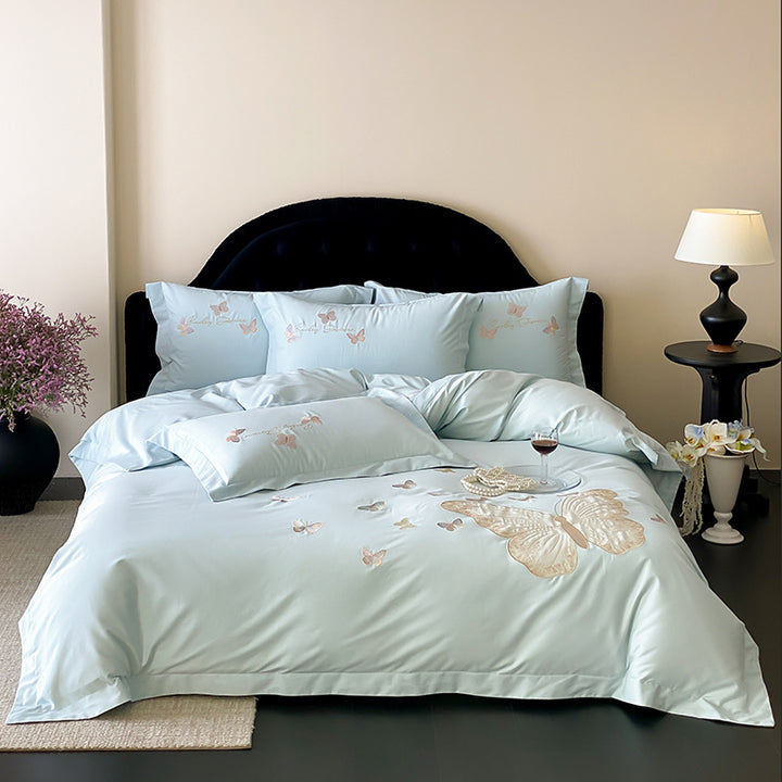 Embroidered Satin Butterfly Duvet Cover Set with Reversible Lilac Sateen and Pillow Shams