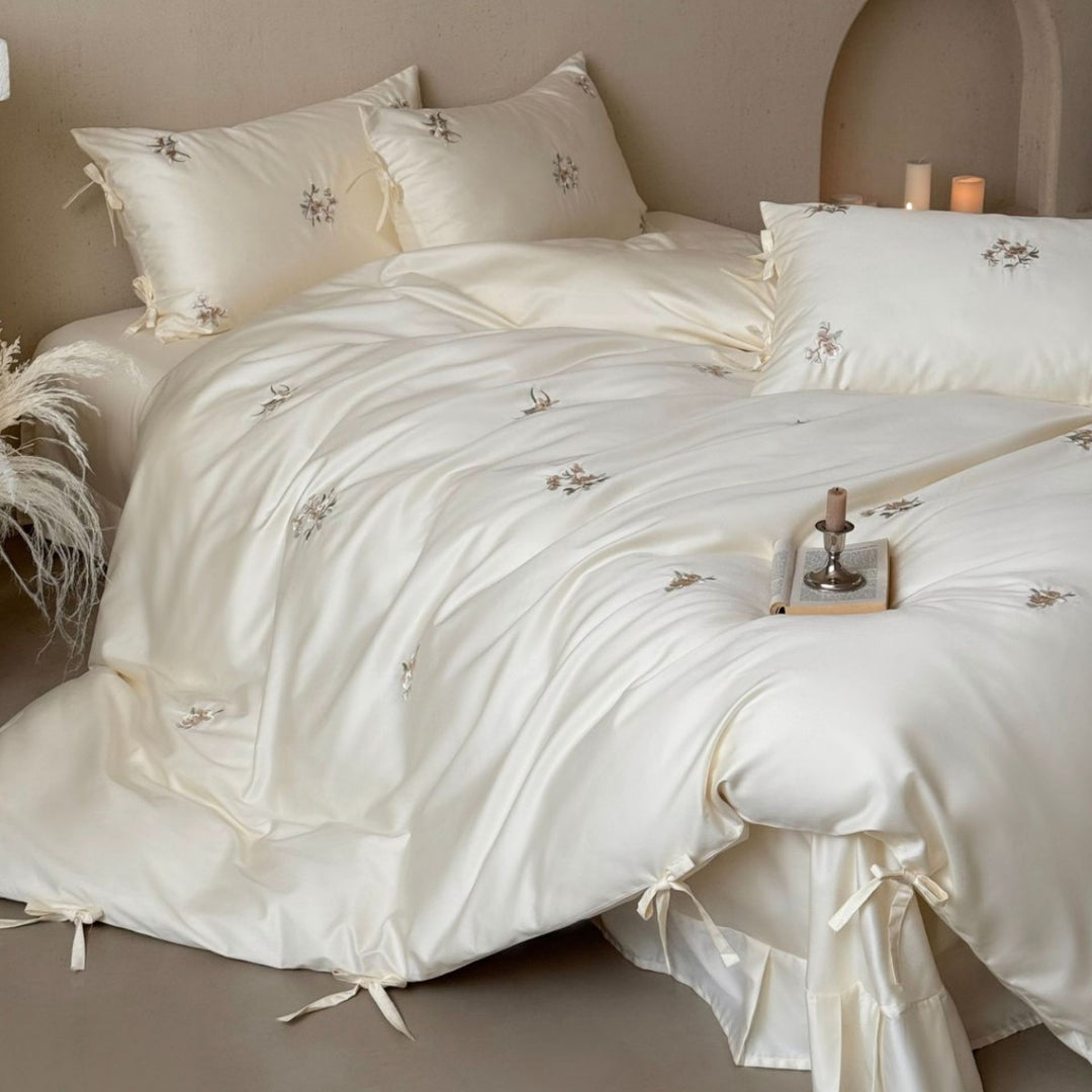Luxurious Satin-Feel Embroidered Duvet Cover Set with Decorative Corner Ties