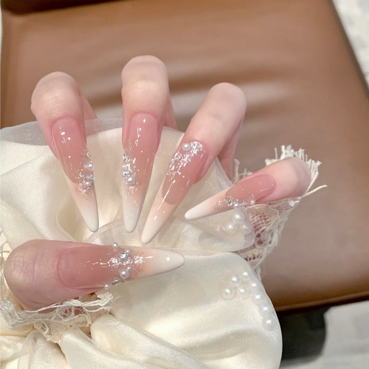 Elegant Stiletto Press-On Nail Art Set with Crystal and Pearl Accents Stornfield