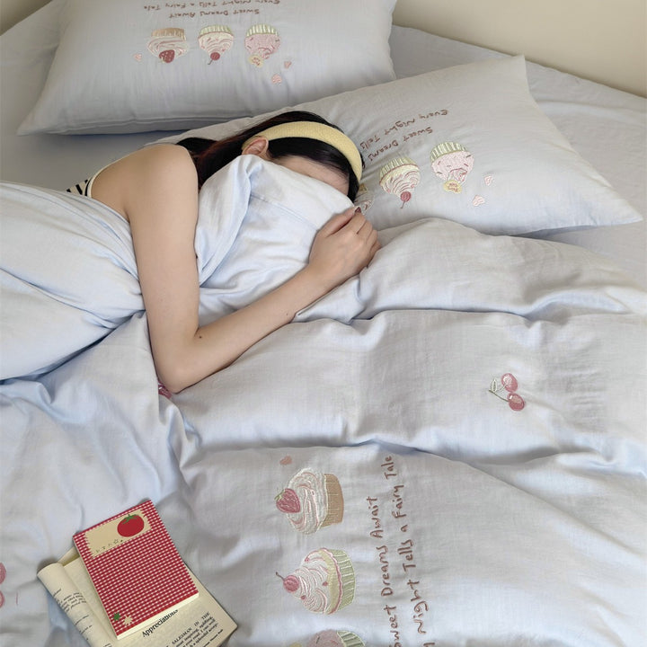Embroidered Cupcake and Cherry Cotton Sateen Duvet Cover Set with Pillow Shams