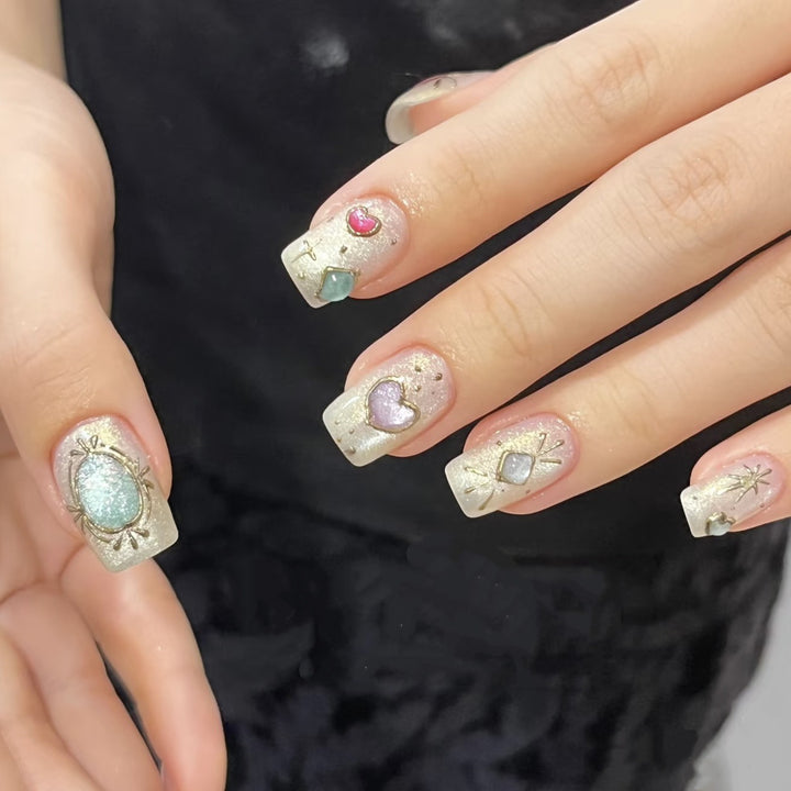 Decorative Press-On Nail Set with Gemstone Accents